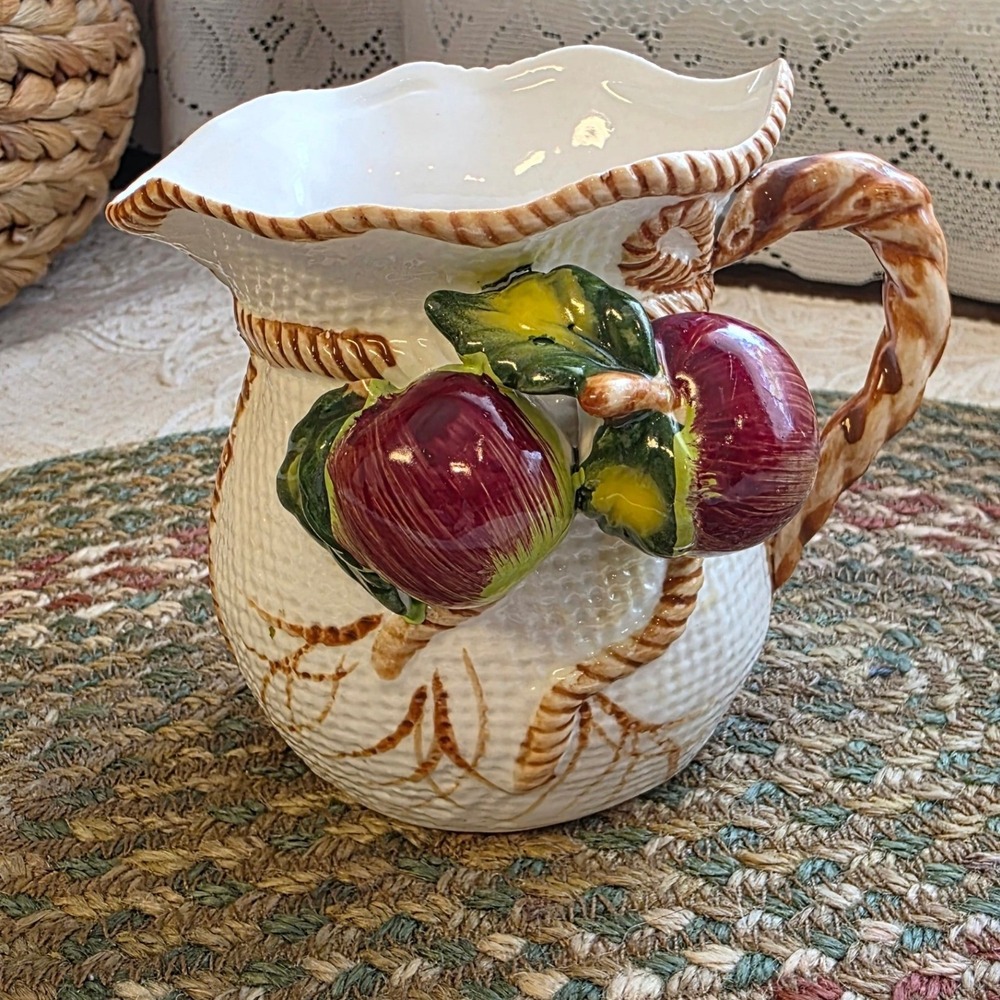 Ceramic‎ 4" Pitcher Vase Planter Small Cream Red 3D Fruit Basketweave Farmhouse